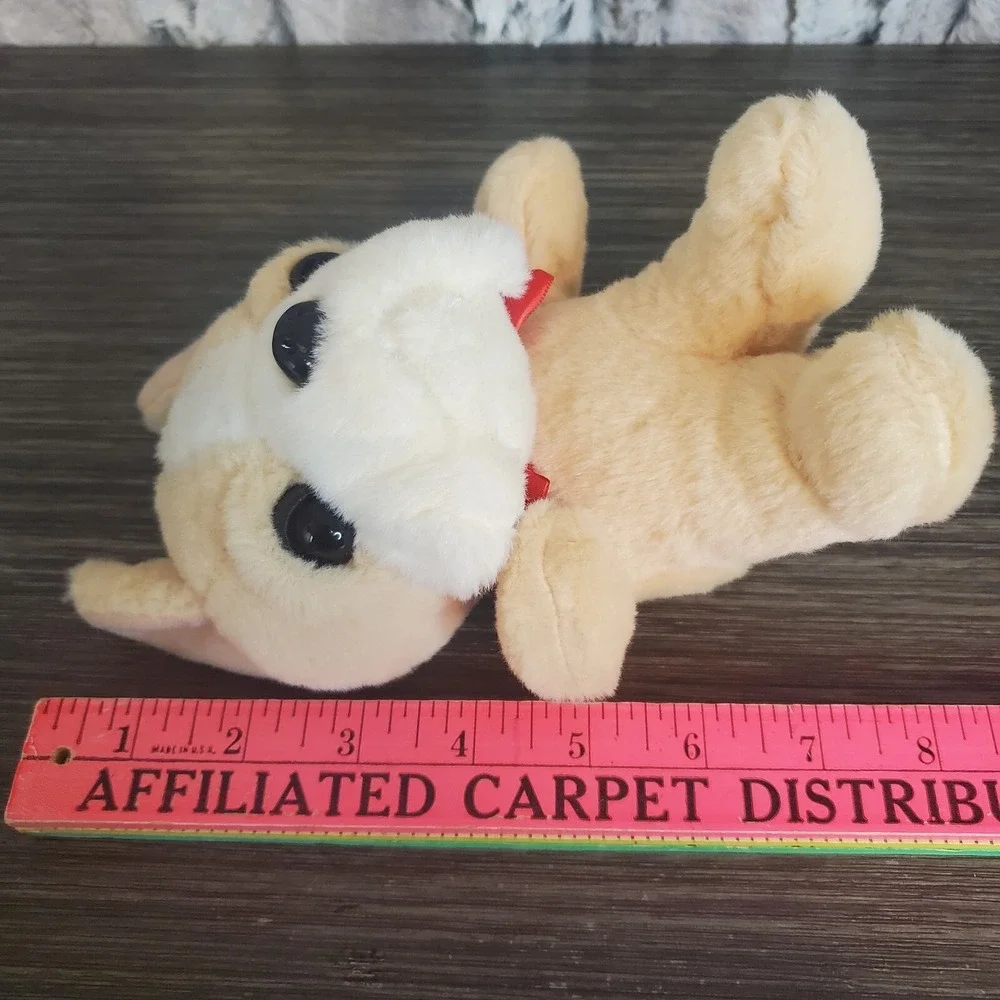 Small Beige Bulldog Boxer Puppy Plush Stuffed Animal,  Red Bow Avanti Dan Dee